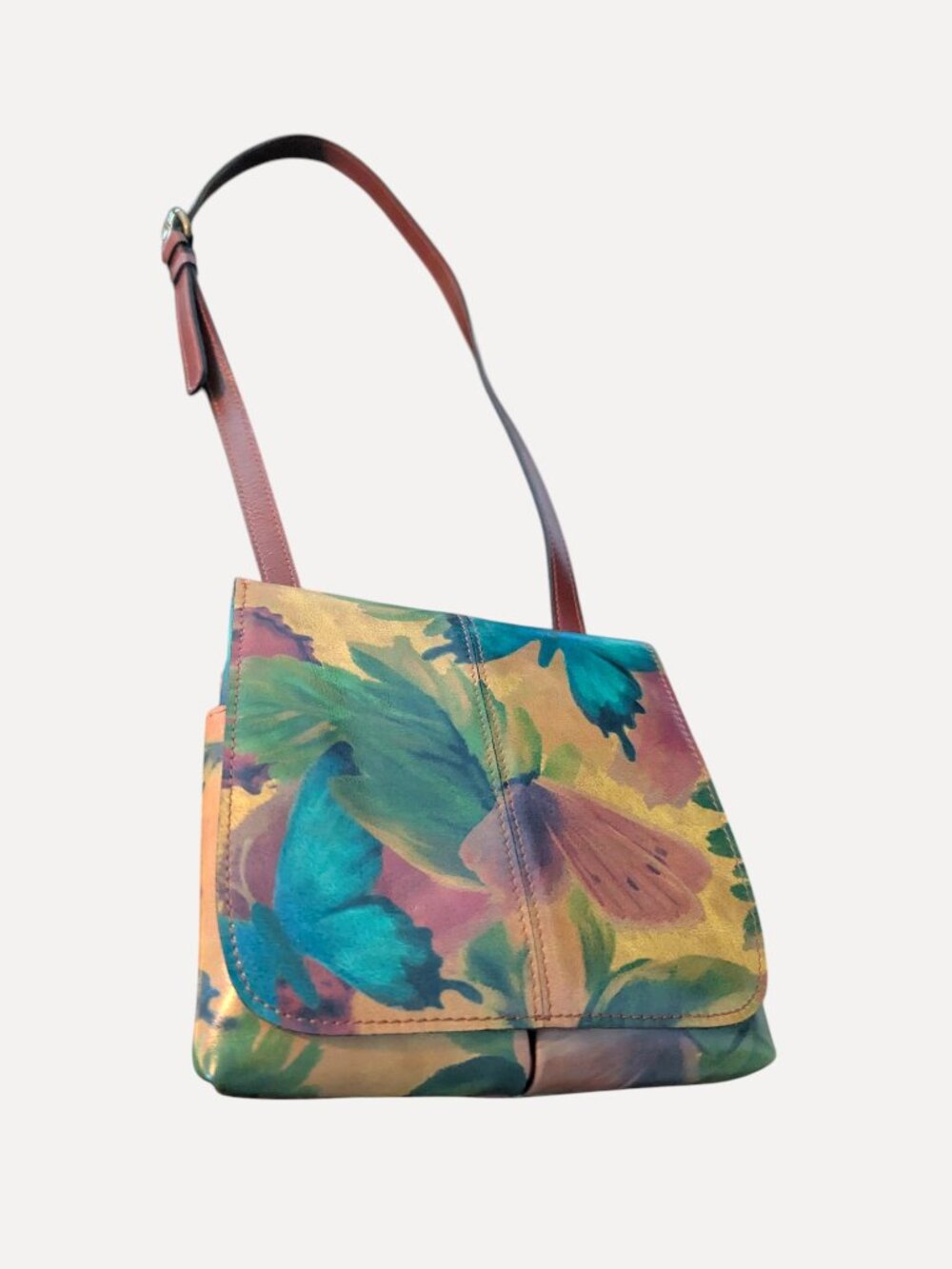 Patricia Nash Brown Watercolor Butterfly Print Leather Crossbody Handbag